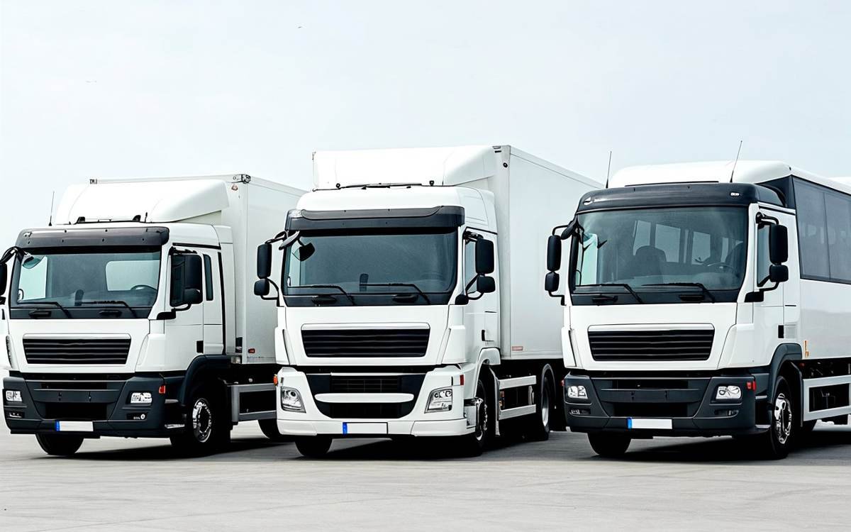 Three white trucks parked in a row
